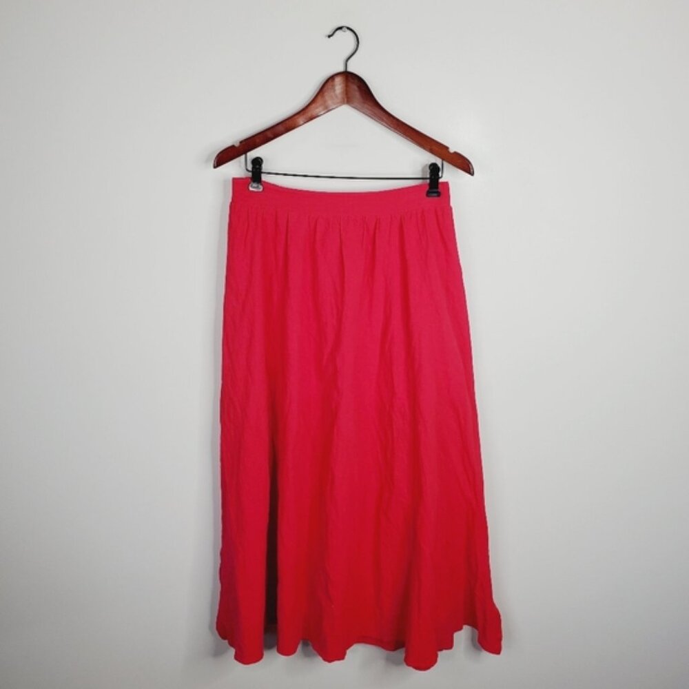 Rihoas Red Cotton A Line Cottagecore Stretch Waist Midi Skirt With Side Slits L